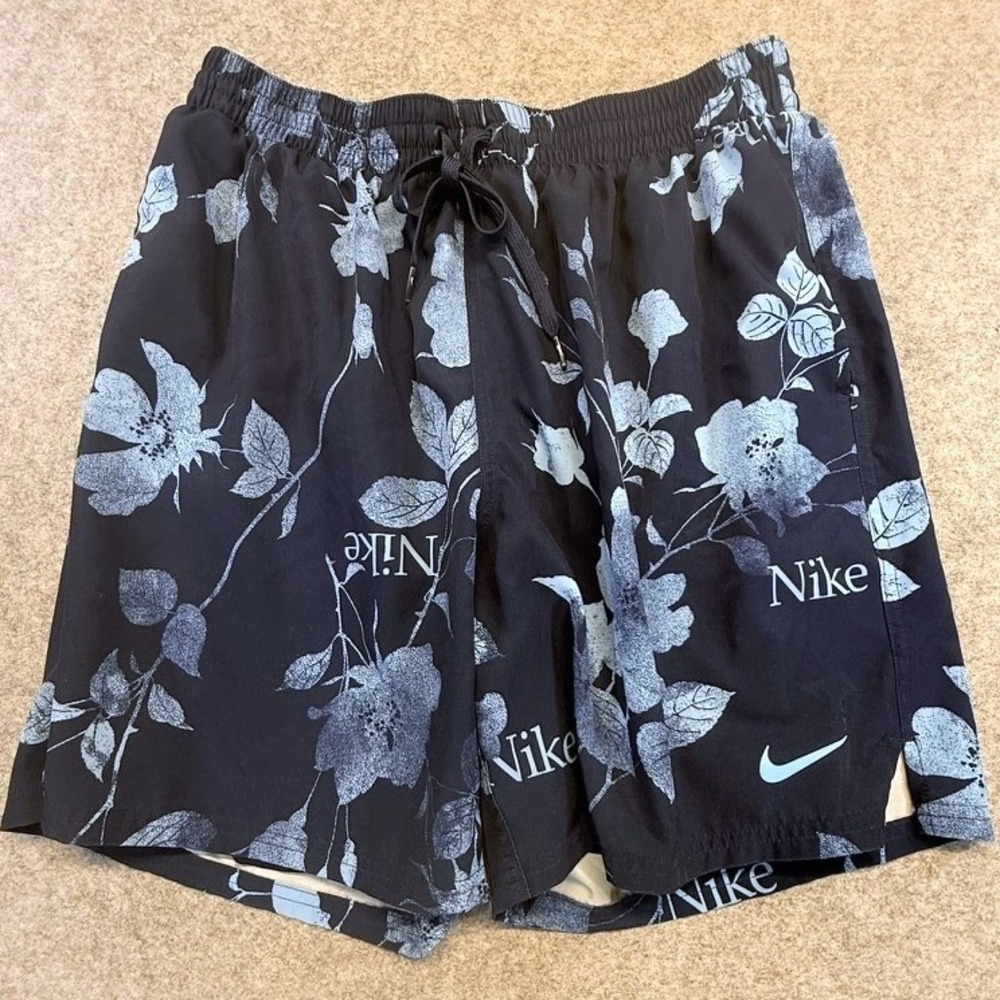 Nike Mens Floral Rose Print Lined Athletic Shorts Black Blue Drawstring Large